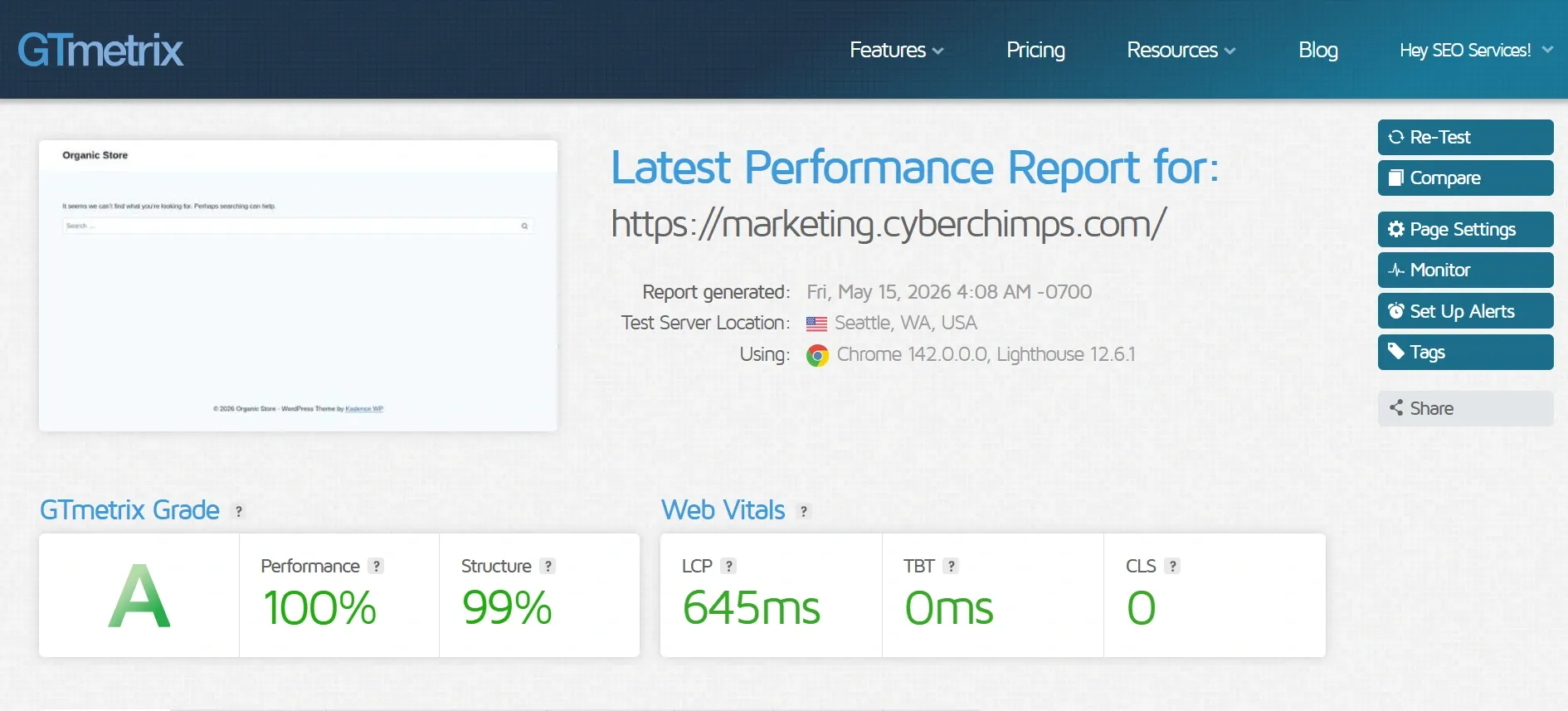 Kadence Theme GTmetrix test results