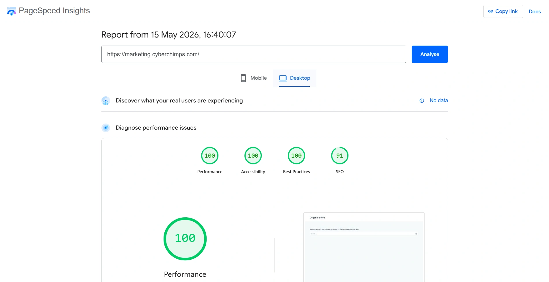 Kadence Theme Pagespeed results