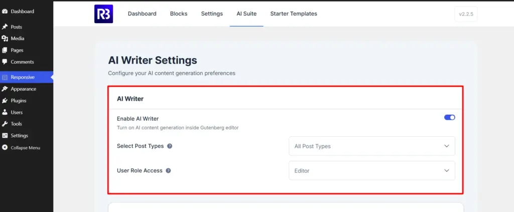 AI writer settings